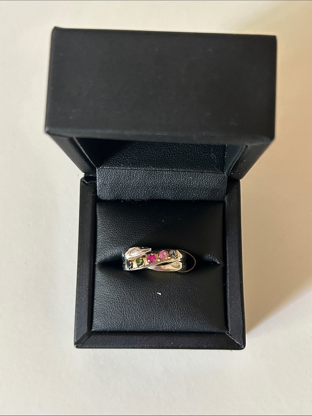 Alloy Silver Multi-Gemstone Twisted Band Ring - Size 6
